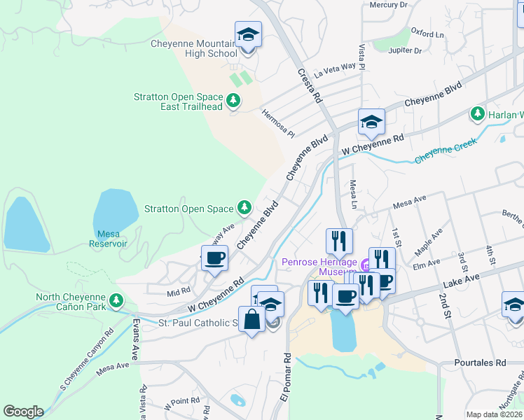 map of restaurants, bars, coffee shops, grocery stores, and more near 1518 Cheyenne Boulevard in Colorado Springs