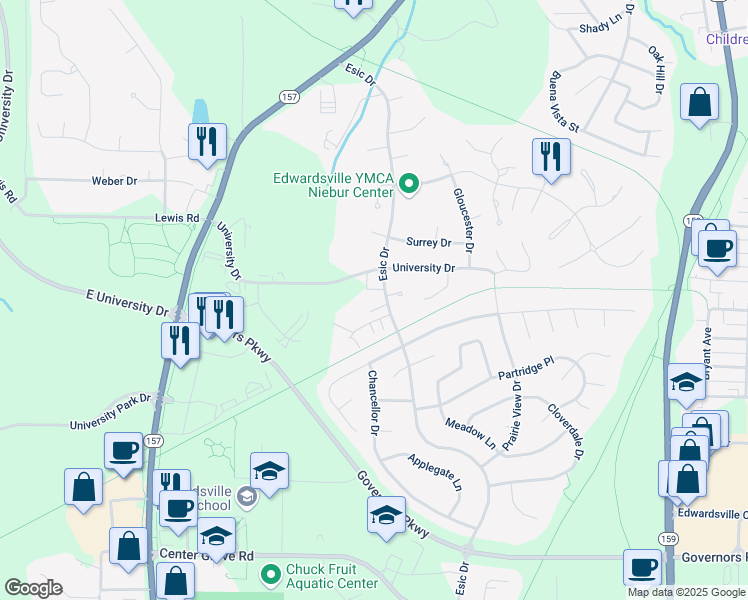 map of restaurants, bars, coffee shops, grocery stores, and more near 1425 Esic Drive in Edwardsville