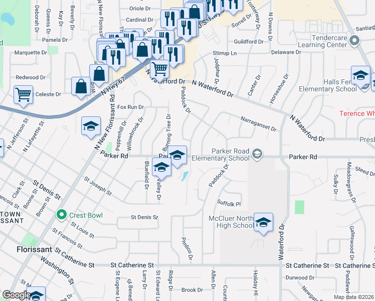 map of restaurants, bars, coffee shops, grocery stores, and more near 1320 Arlington Drive in Florissant
