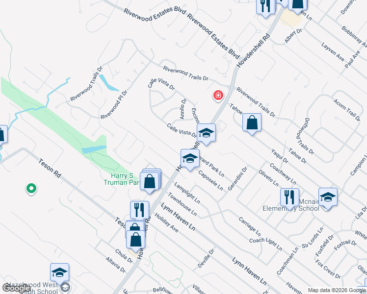 map of restaurants, bars, coffee shops, grocery stores, and more near 2170 Calle Vista Drive in Florissant