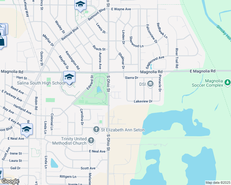 map of restaurants, bars, coffee shops, grocery stores, and more near 2504 Ambassador Drive in Salina