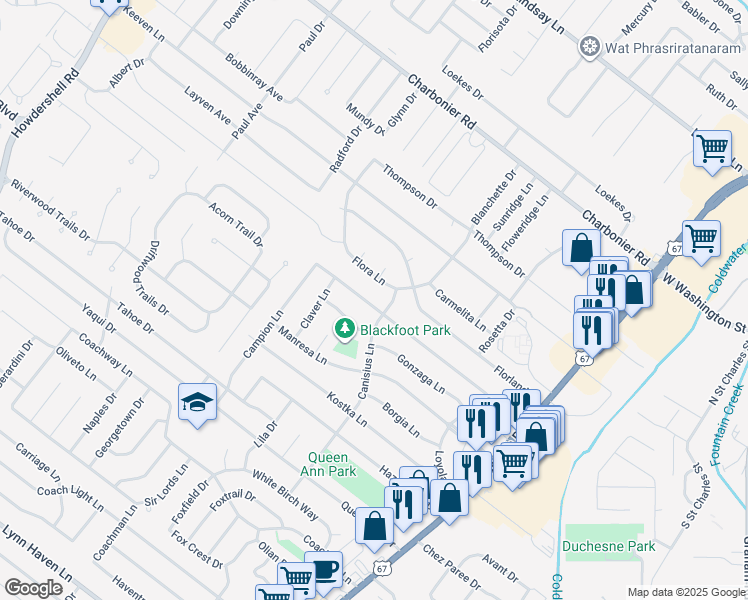 map of restaurants, bars, coffee shops, grocery stores, and more near 1025 Bellarmine Lane in Florissant