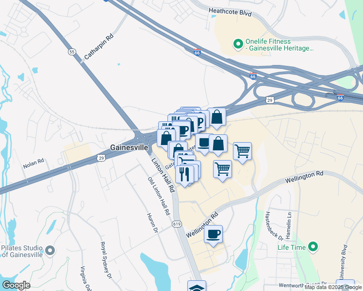 map of restaurants, bars, coffee shops, grocery stores, and more near 7371 Atlas Walk Way in Gainesville