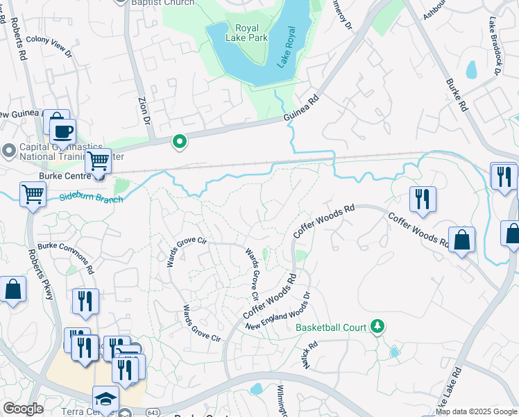 map of restaurants, bars, coffee shops, grocery stores, and more near 5730 Wooden Hawk Lane in Burke