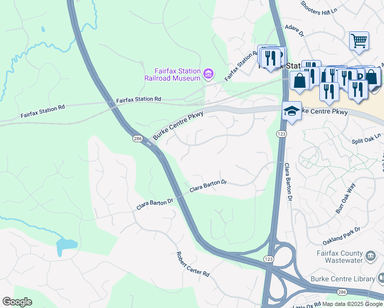 map of restaurants, bars, coffee shops, grocery stores, and more near 5933 Fairview Woods Drive in Fairfax Station