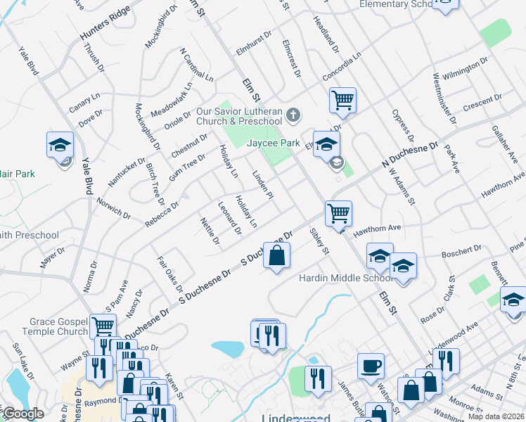 map of restaurants, bars, coffee shops, grocery stores, and more near 110 Sue Lane in Saint Charles