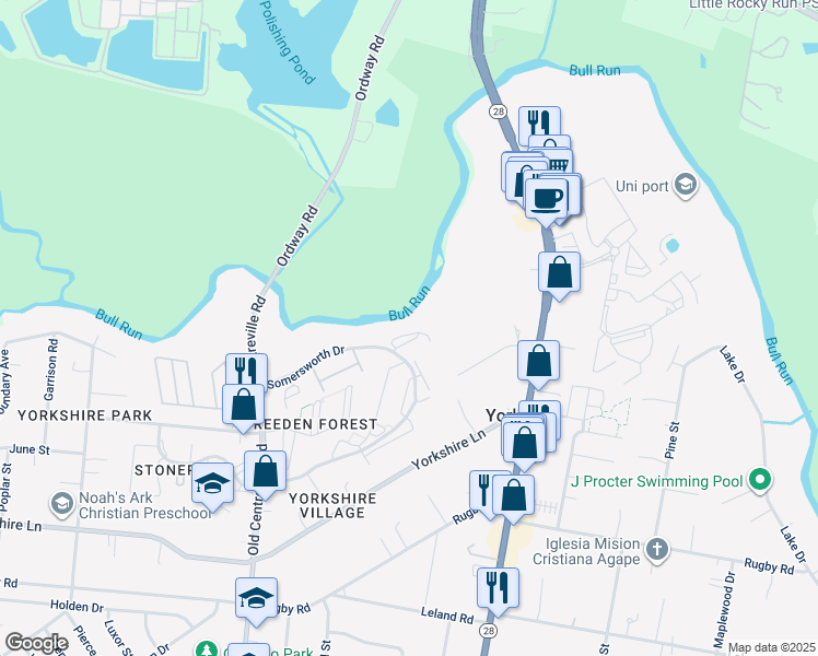 map of restaurants, bars, coffee shops, grocery stores, and more near 8514 Charnwood Court in Manassas