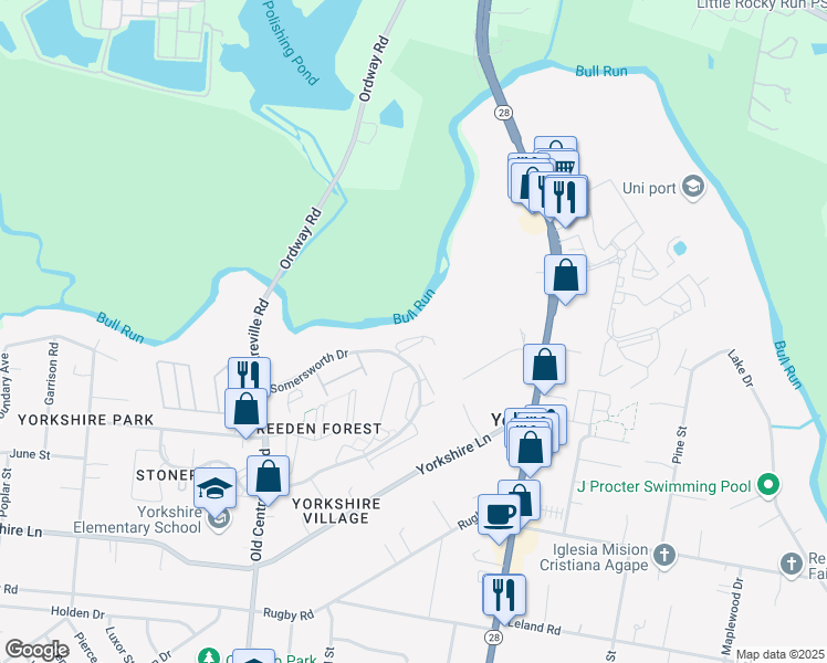 map of restaurants, bars, coffee shops, grocery stores, and more near 8514 Charnwood Court in Manassas