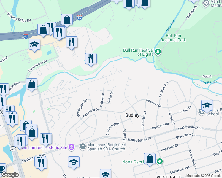 map of restaurants, bars, coffee shops, grocery stores, and more near 10100 Tasker Drive in Manassas