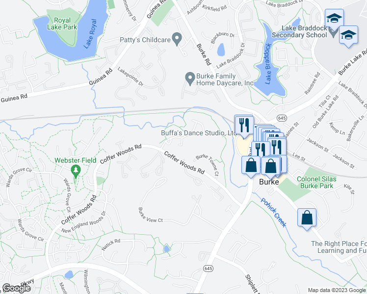 map of restaurants, bars, coffee shops, grocery stores, and more near 9677 Mason Bluff Court in Burke