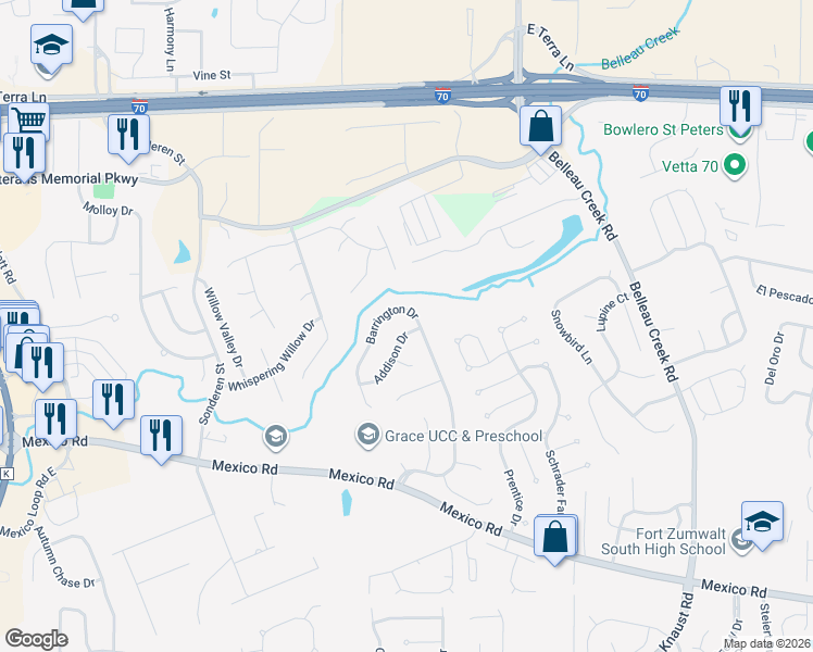 map of restaurants, bars, coffee shops, grocery stores, and more near 202 Addison Drive in St. Peters