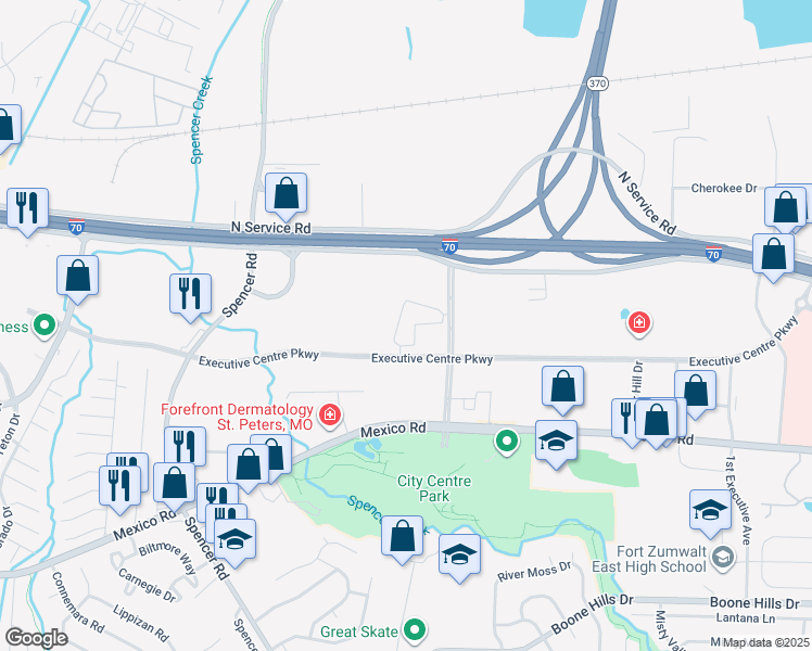 map of restaurants, bars, coffee shops, grocery stores, and more near 100 Viva Bene Circle in St. Peters