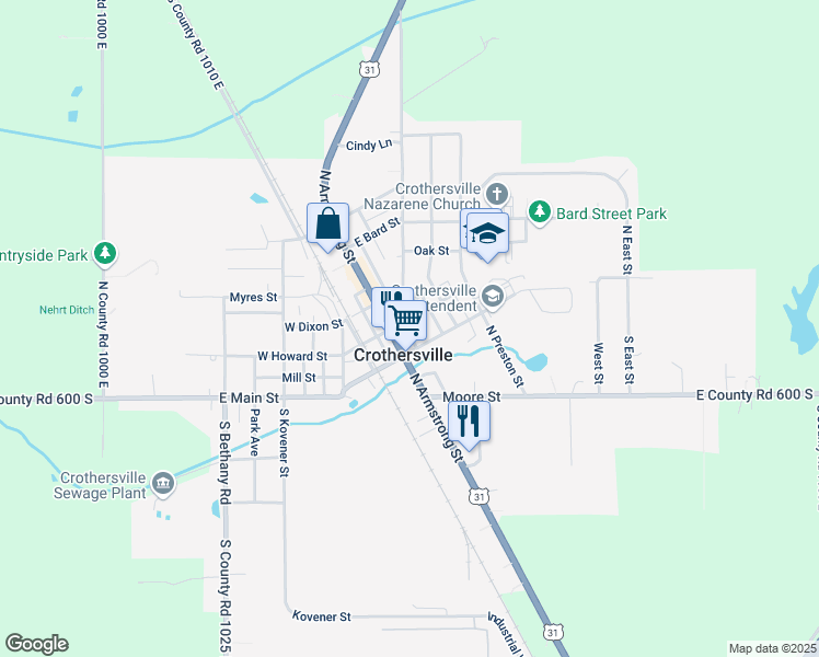 map of restaurants, bars, coffee shops, grocery stores, and more near 211 East Howard Street in Crothersville