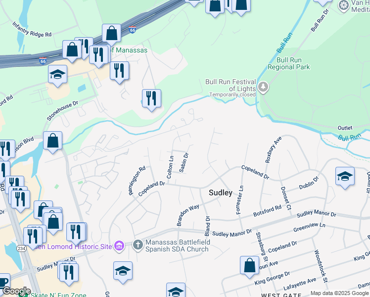 map of restaurants, bars, coffee shops, grocery stores, and more near 10100 Tasker Drive in Manassas