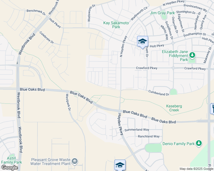 map of restaurants, bars, coffee shops, grocery stores, and more near Blue Oaks Boulevard in Roseville