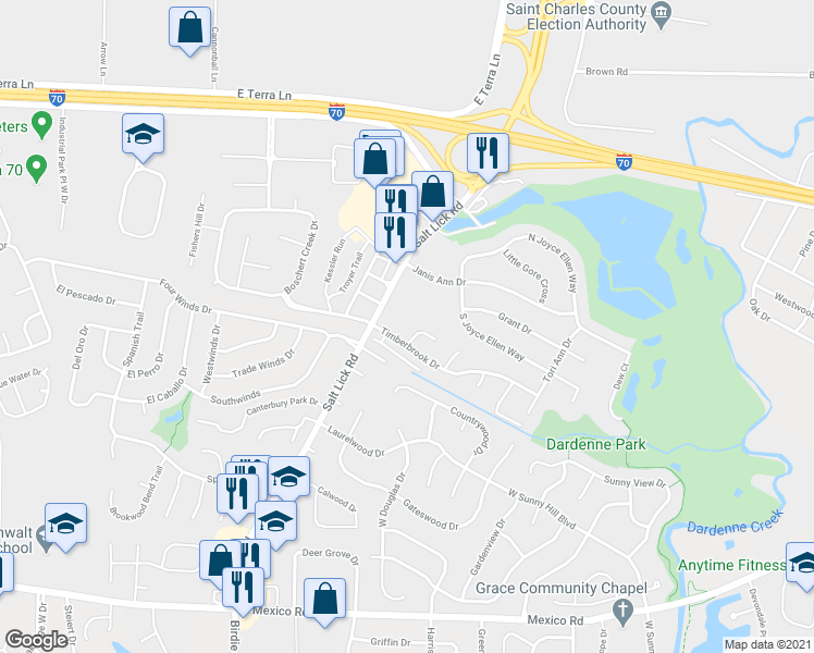 map of restaurants, bars, coffee shops, grocery stores, and more near 69 Spring Song Court in St. Peters