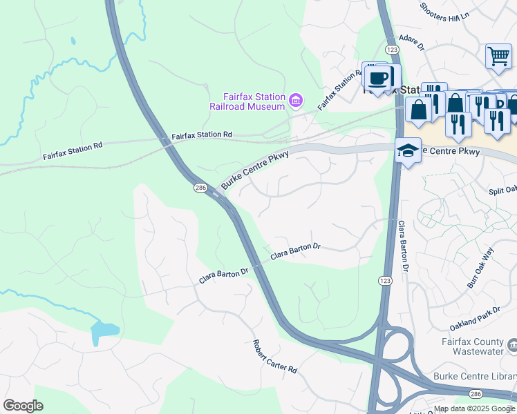 map of restaurants, bars, coffee shops, grocery stores, and more near 5941 Fairview Woods Drive in Fairfax Station