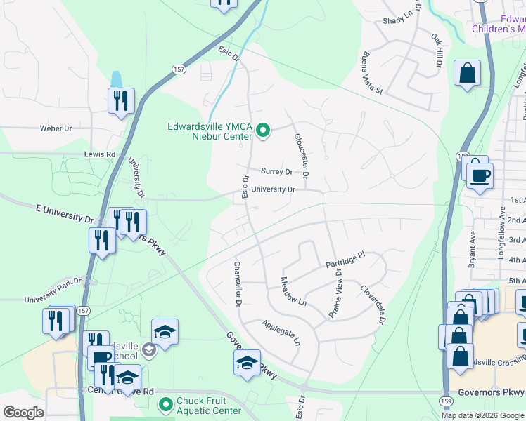 map of restaurants, bars, coffee shops, grocery stores, and more near 18 Villa Court in Edwardsville