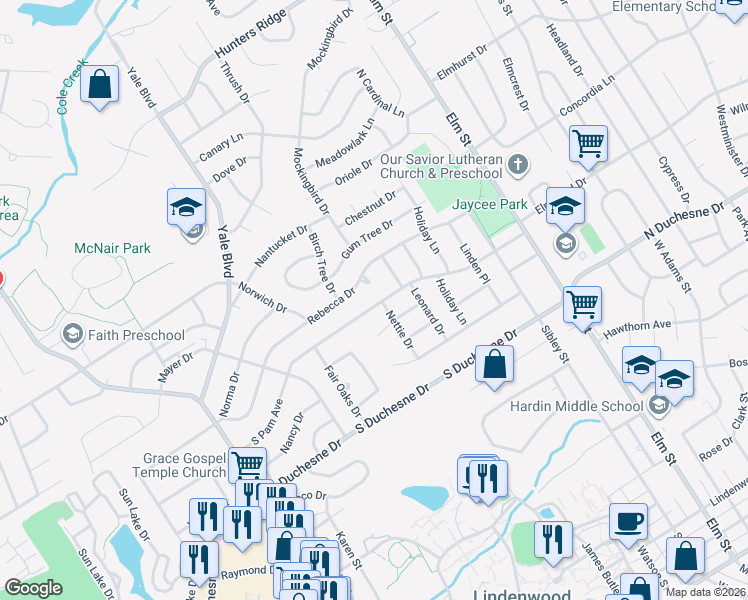 map of restaurants, bars, coffee shops, grocery stores, and more near 401 South Pam Avenue in Saint Charles