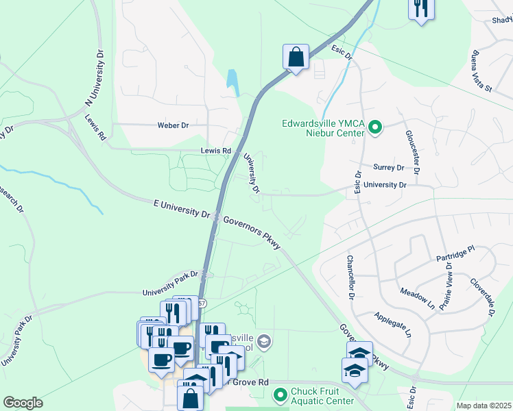 map of restaurants, bars, coffee shops, grocery stores, and more near 1222 East University Drive in Edwardsville