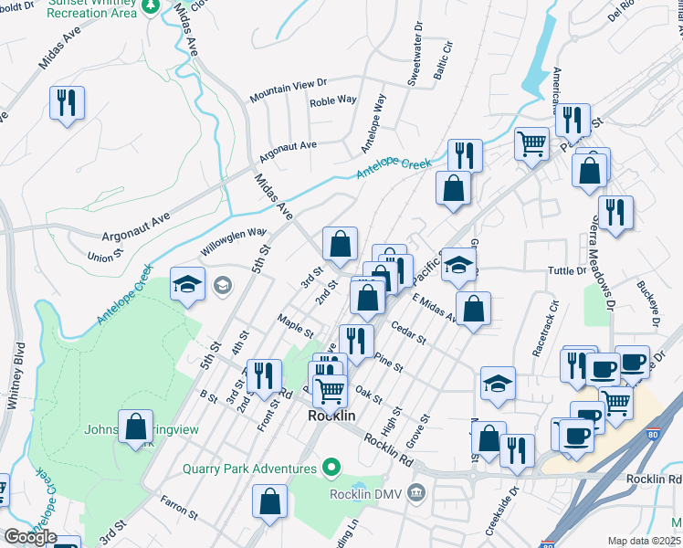 map of restaurants, bars, coffee shops, grocery stores, and more near 3700 Midas Avenue in Rocklin