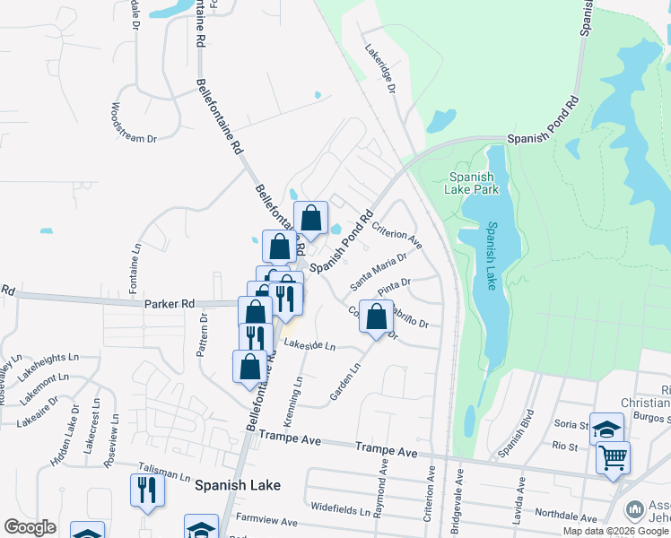map of restaurants, bars, coffee shops, grocery stores, and more near 12322 Spanish Pond Road in St. Louis