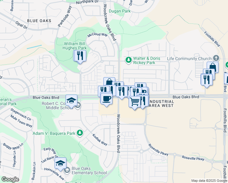 map of restaurants, bars, coffee shops, grocery stores, and more near 10001 Woodcreek Oaks Boulevard in Roseville