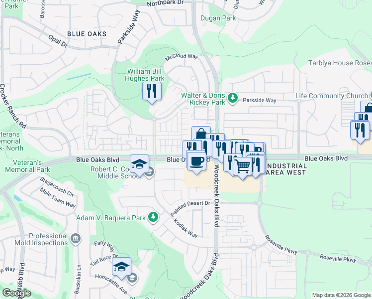 map of restaurants, bars, coffee shops, grocery stores, and more near 1341 Piper Place in Roseville