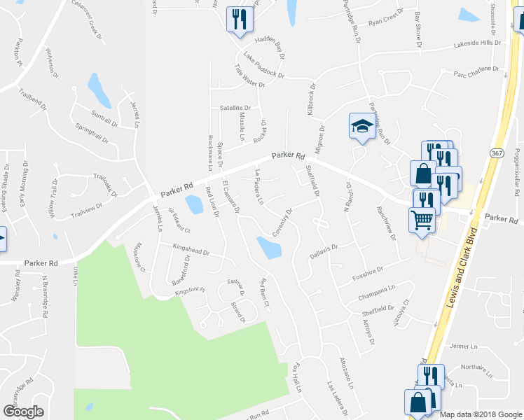 map of restaurants, bars, coffee shops, grocery stores, and more near 12110 La Padera Lane in Florissant