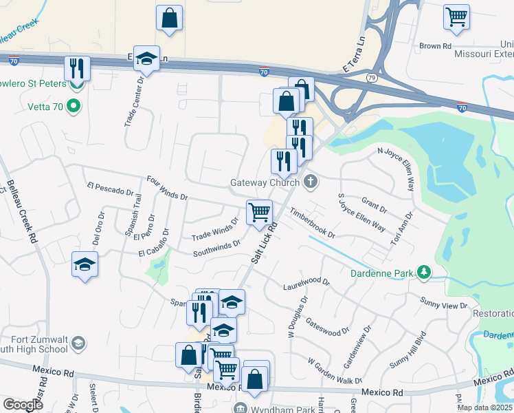 map of restaurants, bars, coffee shops, grocery stores, and more near 6 Four Winds Drive in St. Peters