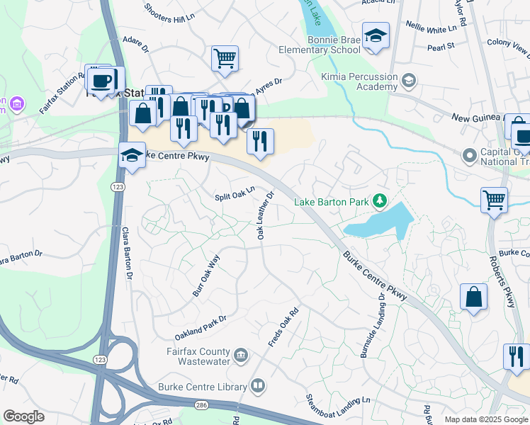 map of restaurants, bars, coffee shops, grocery stores, and more near 5705 Oak Leather Drive in Burke