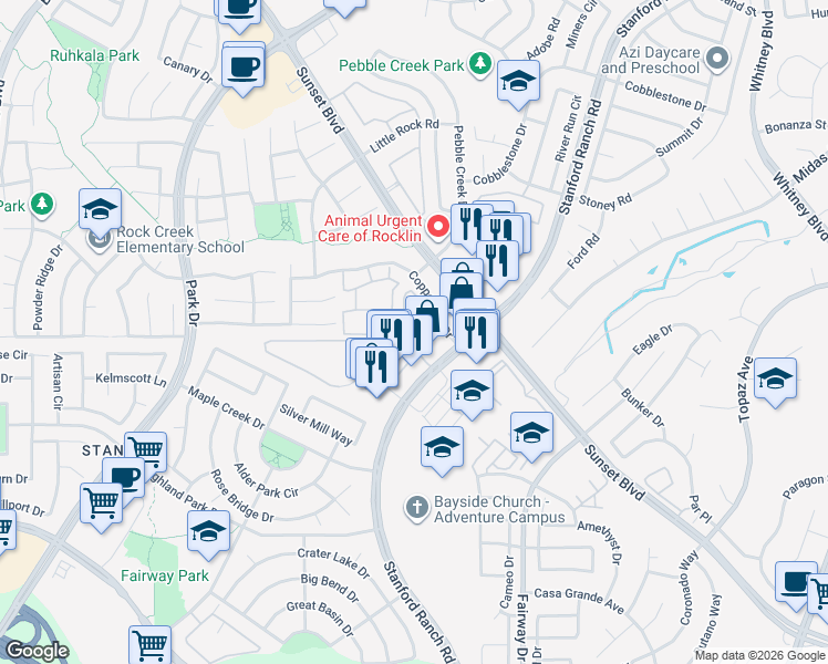 map of restaurants, bars, coffee shops, grocery stores, and more near 6138 Mehrten Circle in Rocklin