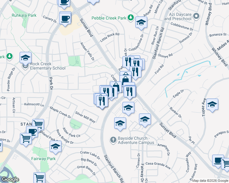 map of restaurants, bars, coffee shops, grocery stores, and more near 6142 Mehrten Circle in Rocklin