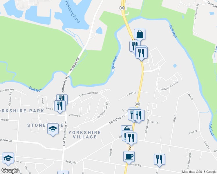map of restaurants, bars, coffee shops, grocery stores, and more near 8500 Charnwood Court in Manassas