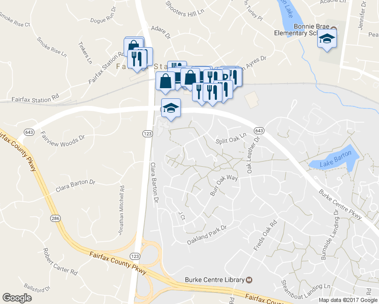 map of restaurants, bars, coffee shops, grocery stores, and more near 5811 Oak Ladder Court in Burke