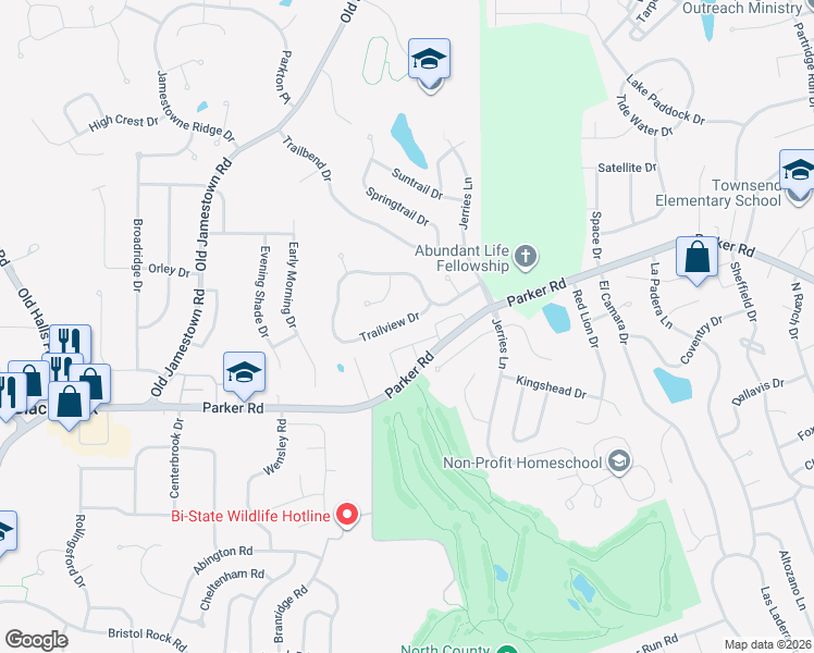 map of restaurants, bars, coffee shops, grocery stores, and more near 5334 Trailview Drive in Florissant