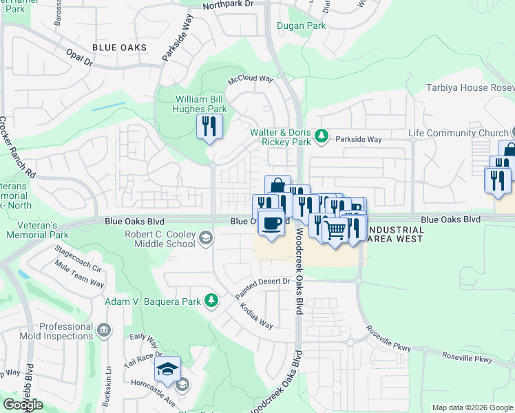 map of restaurants, bars, coffee shops, grocery stores, and more near 1341 Piper Place in Roseville