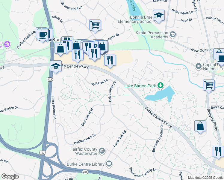 map of restaurants, bars, coffee shops, grocery stores, and more near 5705 Oak Leather Drive in Burke