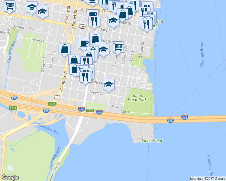 map of restaurants, bars, coffee shops, grocery stores, and more near 818 South Royal Street in Alexandria