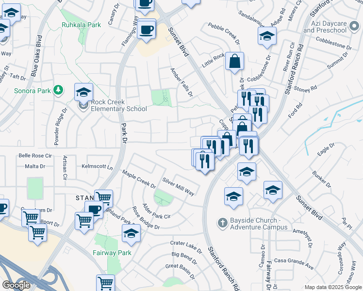 map of restaurants, bars, coffee shops, grocery stores, and more near 2248 Misty Hollow Court in Rocklin
