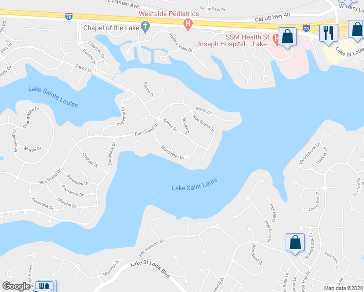 map of restaurants, bars, coffee shops, grocery stores, and more near 36 Saint Cloud Court in Lake Saint Louis