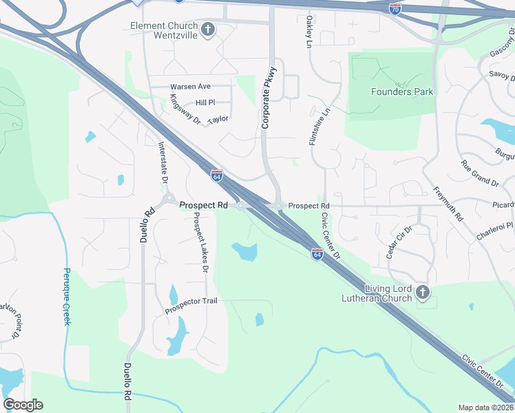 map of restaurants, bars, coffee shops, grocery stores, and more near Prospect Road in Lake Saint Louis