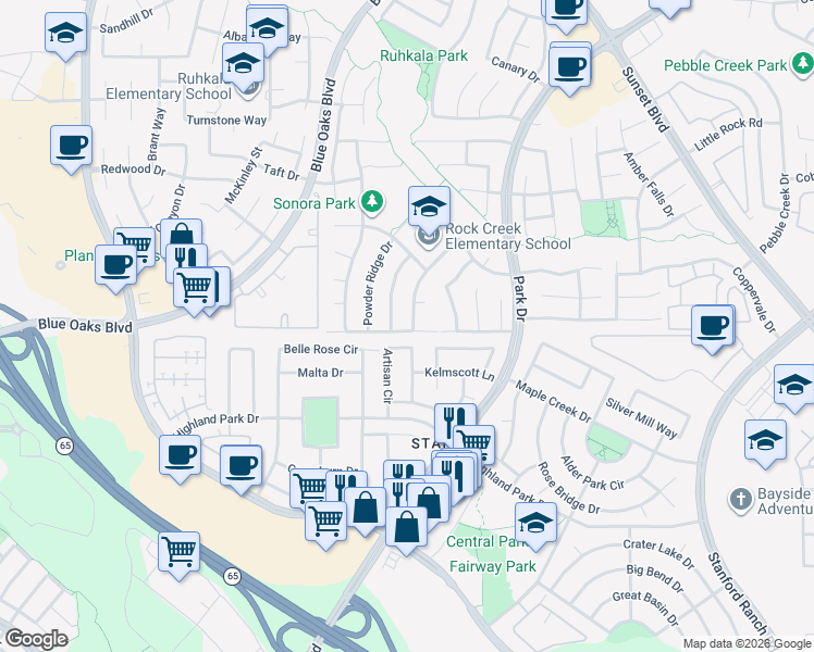 map of restaurants, bars, coffee shops, grocery stores, and more near 2172 Collet Quarry Drive in Rocklin