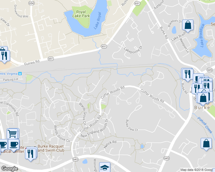 map of restaurants, bars, coffee shops, grocery stores, and more near 5702 Wood Duck Court in Burke