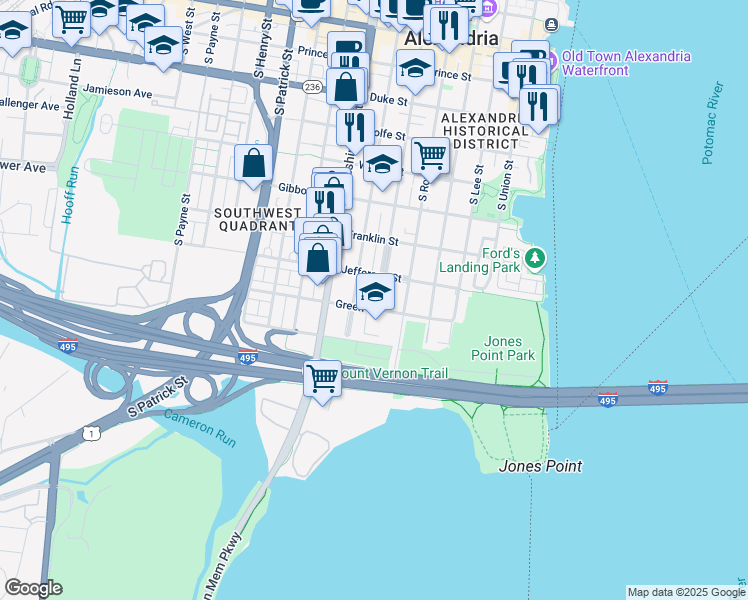 map of restaurants, bars, coffee shops, grocery stores, and more near 801 South Pitt Street in Alexandria