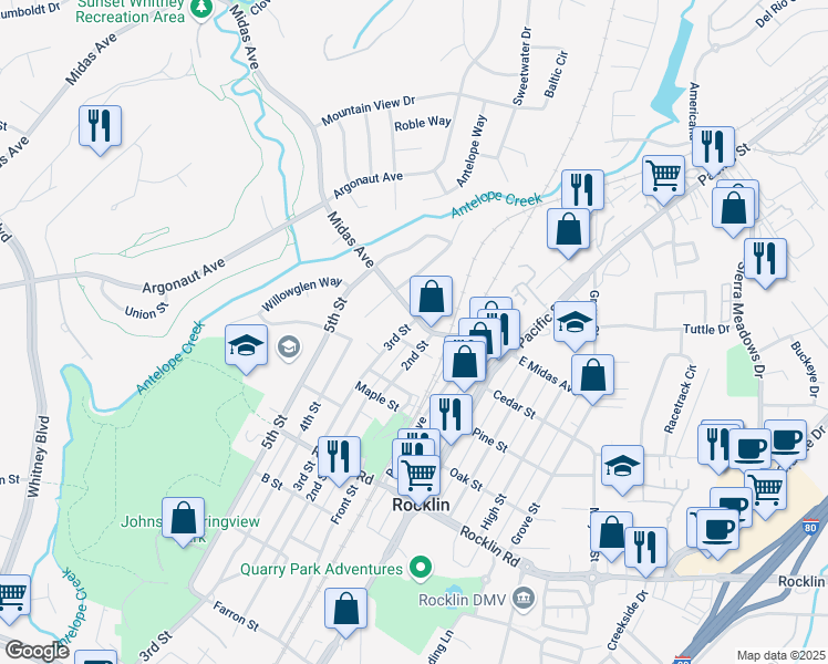map of restaurants, bars, coffee shops, grocery stores, and more near 4775 3rd Street in Rocklin