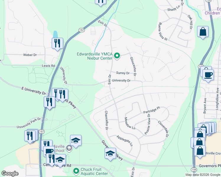 map of restaurants, bars, coffee shops, grocery stores, and more near 18 Villa Court in Edwardsville
