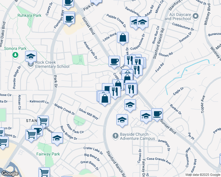 map of restaurants, bars, coffee shops, grocery stores, and more near 6130 Mehrten Circle in Rocklin