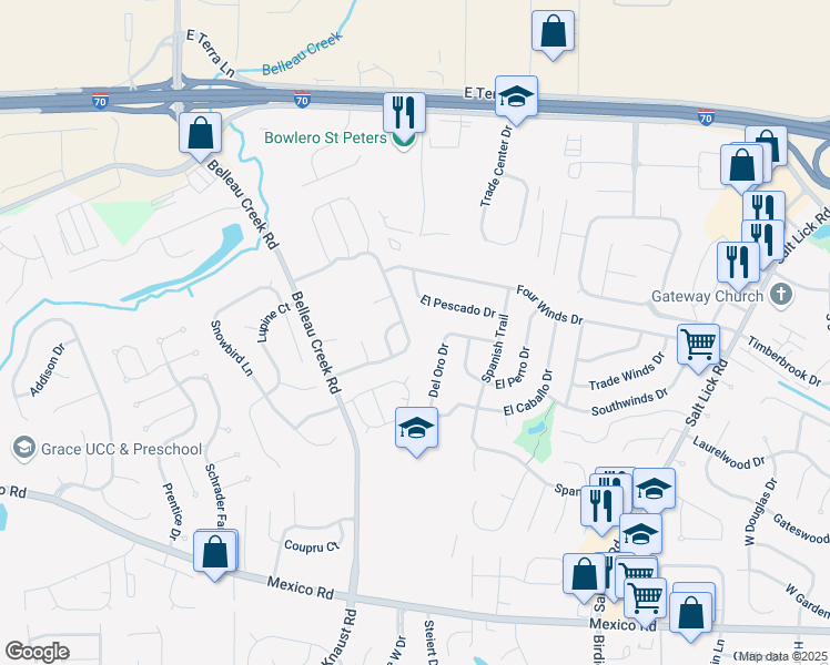 map of restaurants, bars, coffee shops, grocery stores, and more near 1425 Schoal Creek Drive in St. Peters