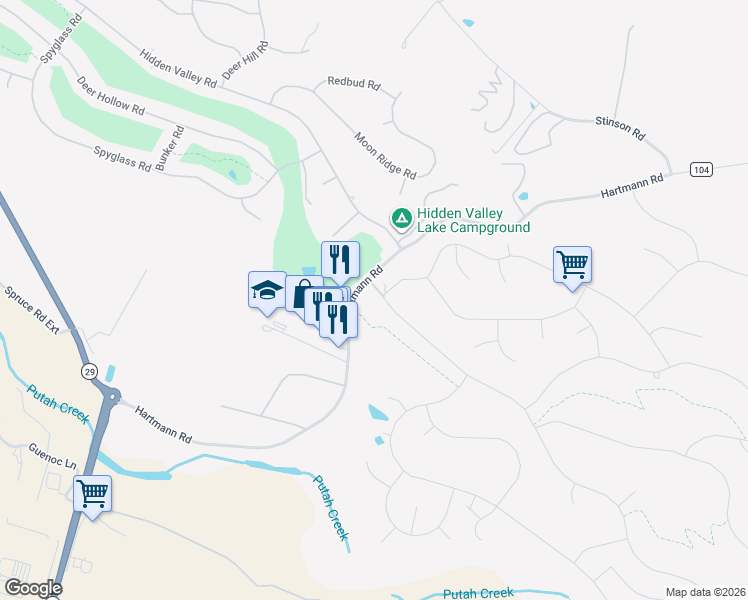 map of restaurants, bars, coffee shops, grocery stores, and more near 19189 Mountain Meadow North in Hidden Valley Lake
